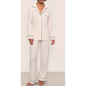 New Eberjey Gisele TENCEL Modal Long PJ Set, White and Navy Size Medium